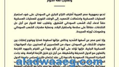 صورة مصر تدعو للوقف الفوري للعمليات العسكرية في السودان وتغليب لغة الحوار