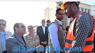 صورة الرئيس السيسي  يجرى حوارا مع أحد المواطنين العاملين خلال اطمئنانه على العاملين بعدد من المشروعات