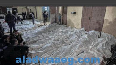 صورة جثامين الشهداء تتكدس في ساحة مستشفى شهداء الأقصى 