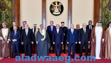 صورة رؤساء البرلمانات العربية يعربون عن تقديرهم لمواقف مصر باعتبارها قلب الامة. 