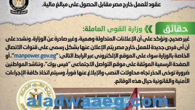 صورة شائعة تداول إعلانات منسوبة لوزارة القوى العاملة تزعم تقديم عقود للعمل خارج مصر مقابل الحصول على مبالغ مالية.