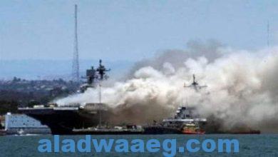 صورة اشتعال النار بسفينة تابعة للبحرية الأمريكية كانت في طريقها لغزة